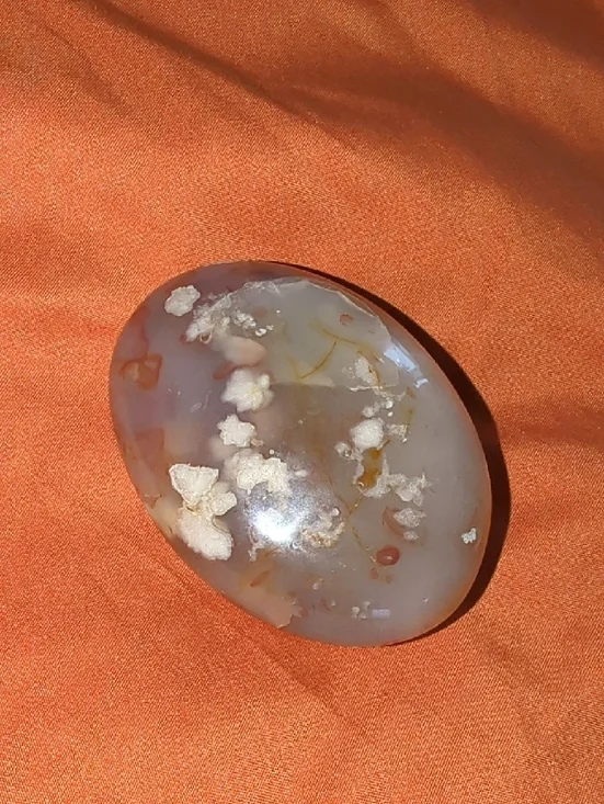 XL Polished Cherry Blossom Agate Palm Stone - Cream & Orange Accents 3" Wide - Picture 2 of 4